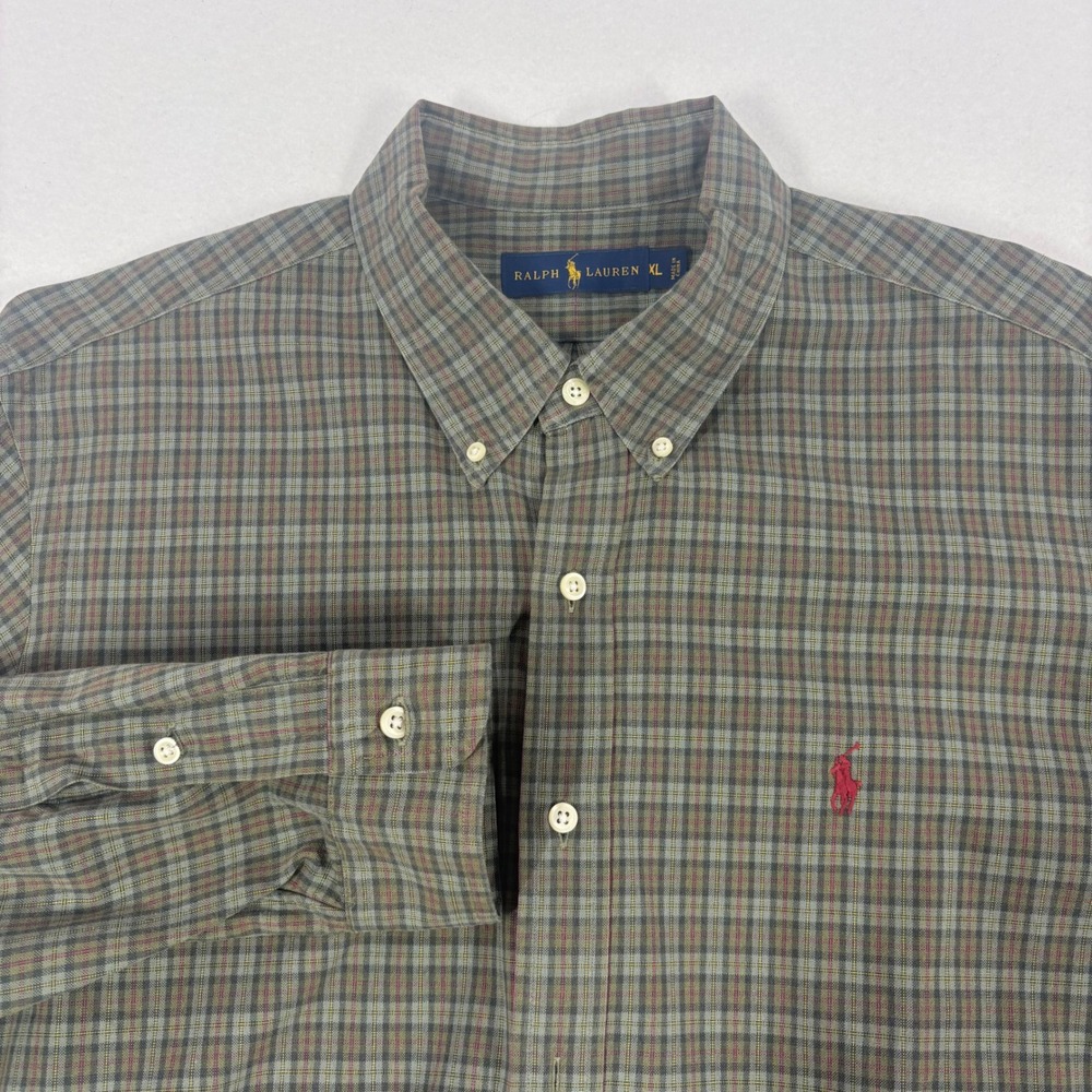 Ralph Lauren Button Down Shirt Mens XL Green Red Plaid LS Cotton Holiday Fall